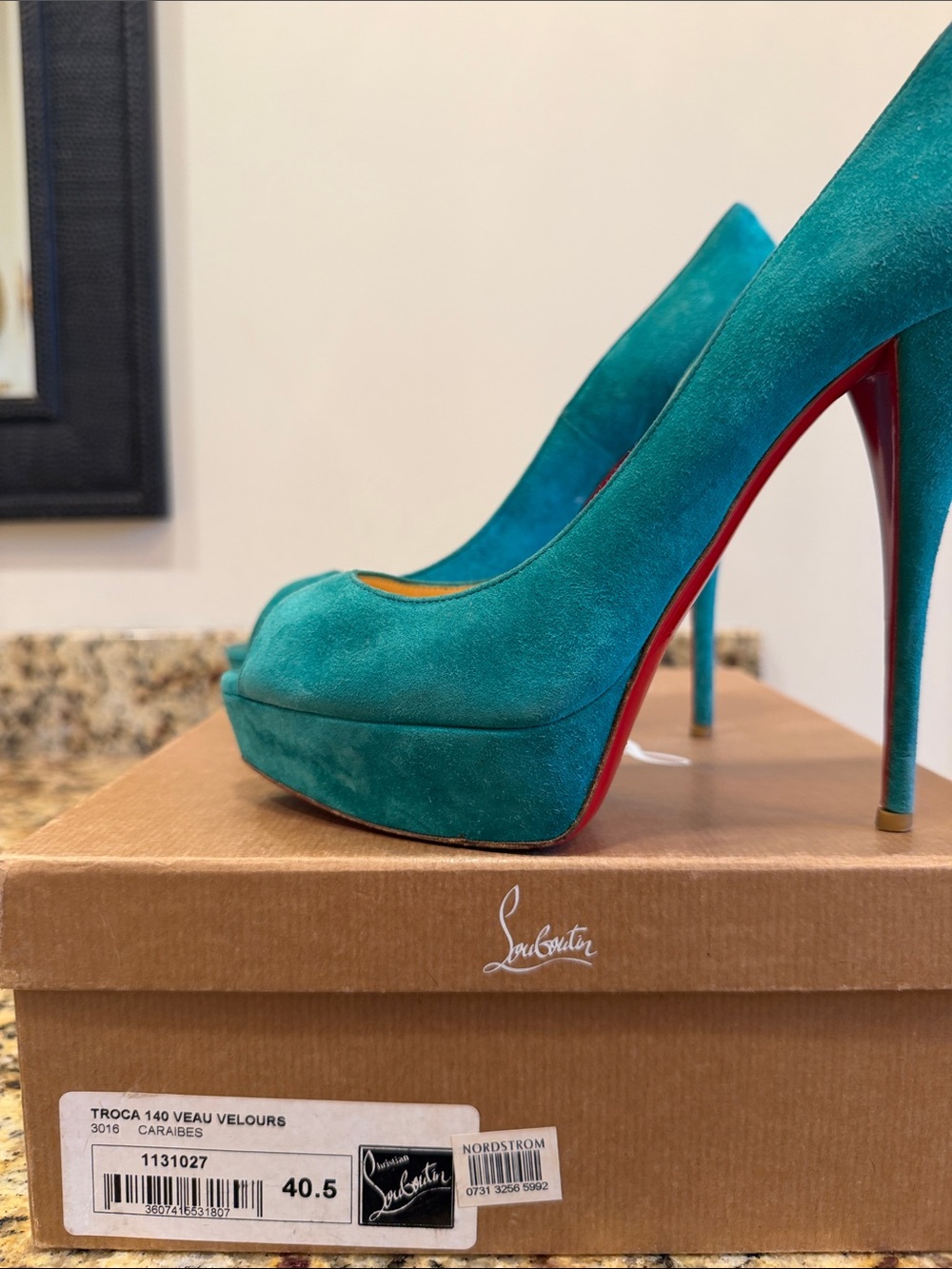 Christian Louboutin Turquoise Suede Peep-Toe Platform Pumps with Red Sole